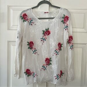 Johnny was Floral Embroidered White Top cupra  rayon XS